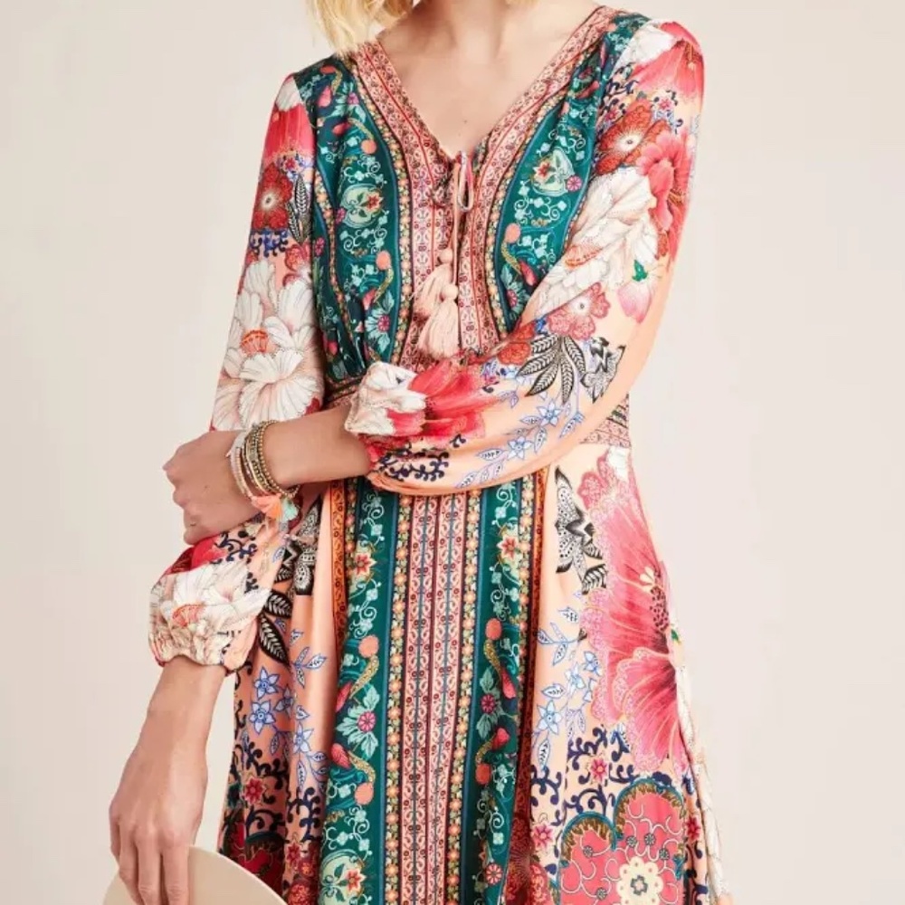 FARM Rio x Anthropologie Topanga Long Sleeve Mini Dress Size S Boho ~ Vacation!